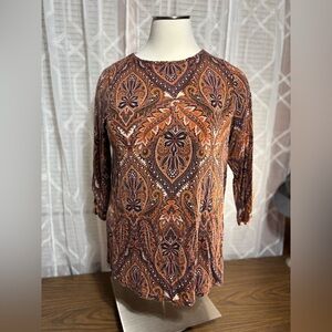 Established 1962 2X brown tones paisley print Rond Neck 3/4L sleeve tunic